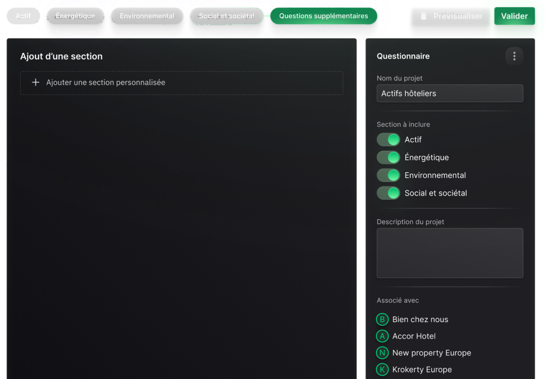 Screenshot de l'interface de paramétrage du questionnaire ESG sur Kamineo